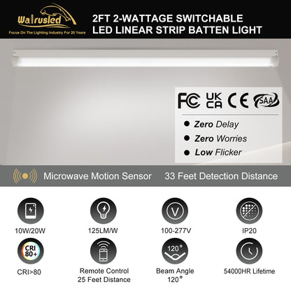 Walrusled 2FT Motion Sensor LED Kitchen Linear Strip Batten Light with Remote, 2 Wattages/2 Lumens Selectable, 10W/20W, 1250lm/2500lm, 5000K, 100-277V, Dimmable 2 Foot LED Shop Linear Strip Light Fixture, 60CM Flush Mount LED Garage Ceiling Batten Light